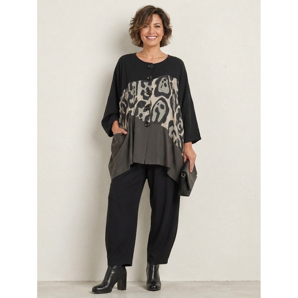 Alembika Mixed Media Button Front Tunic Top Black Leopard Houndstooth Lagenlook